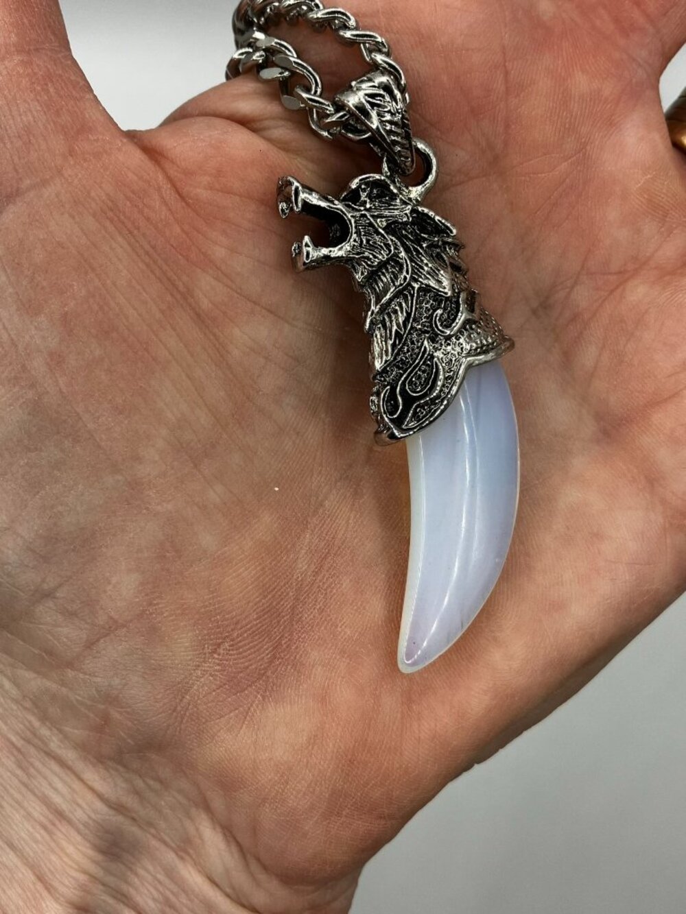 Opalite Gemstone Tusk AND Chunky Stainless Steel 20 inch Chain Brand NEW